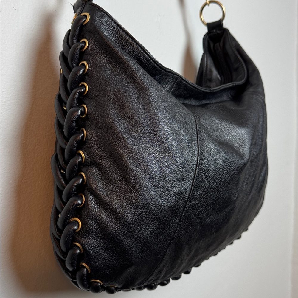TAHARI Black Leather Handbag Braided Details Gold-Tone Hardware